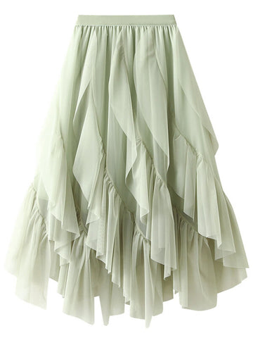 Woochic jupe longue irrégulière tulle unicolore froufrou femme mode Vert ONE SIZE